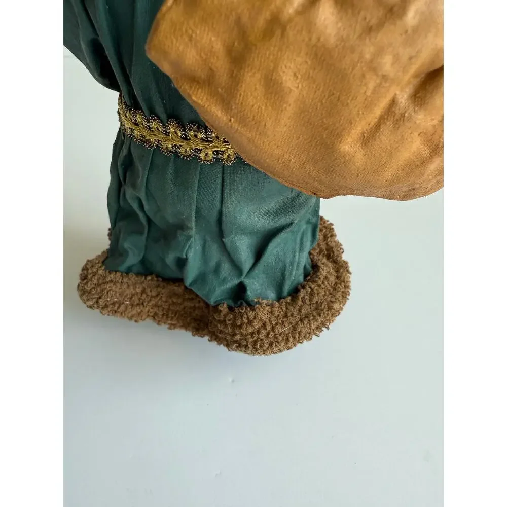 Vintage Paper Mache Santa Green Hooded Robe Toy Sack Old World Christmas 6.5
